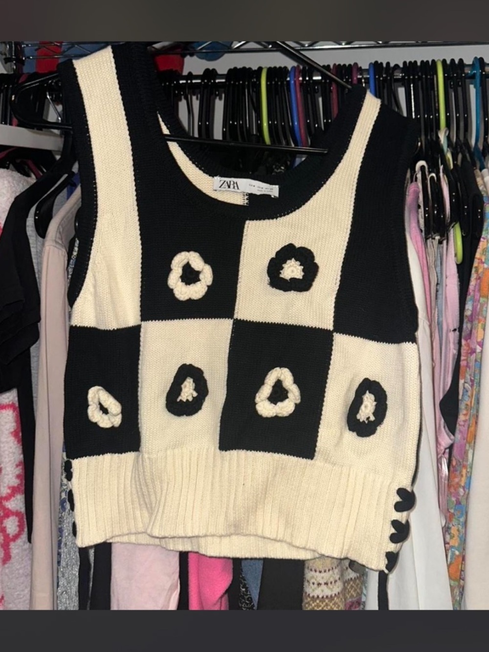 Zara Black & Cream Checkerboard Knit Tank with Floral Appliqués